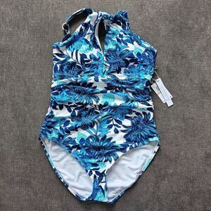 Bleu Rod Beattie Halter High Neck twist neckline blue white women's swimsuit 10
